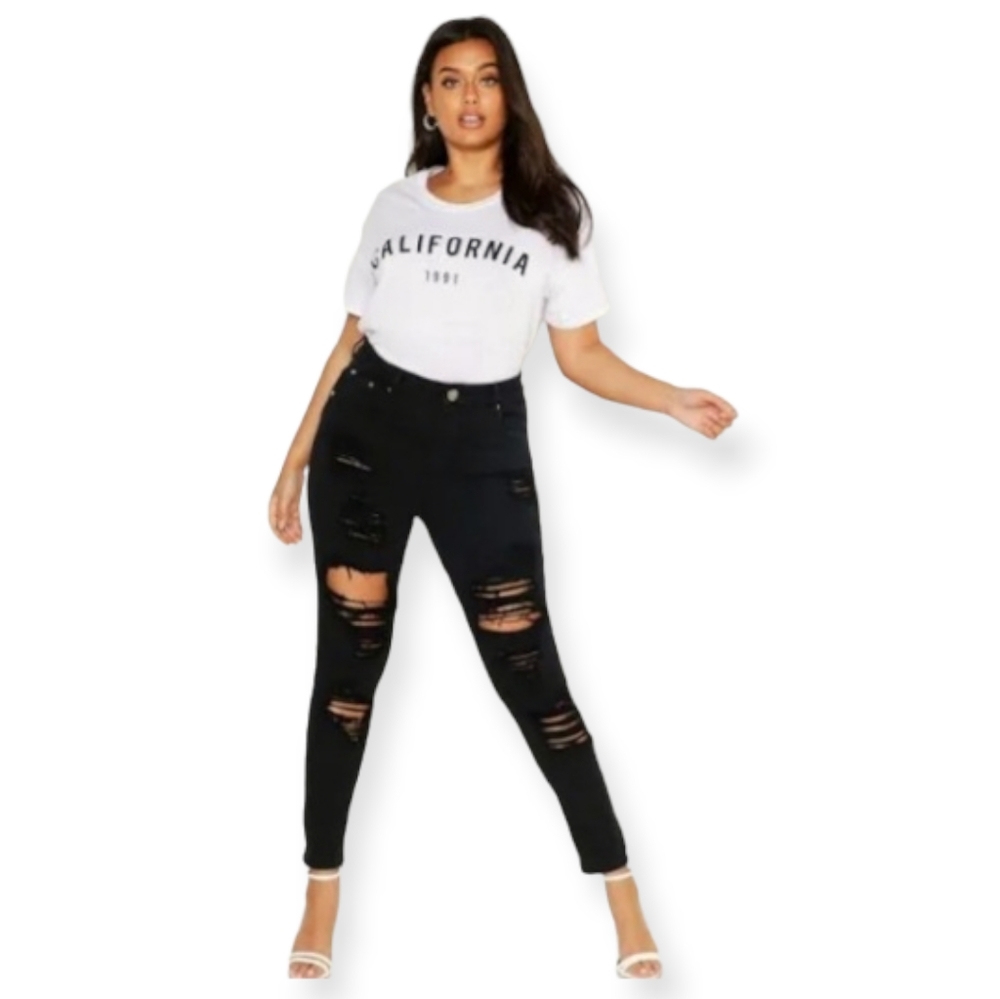 NWOT Boohoo Black Distressed Skinny Jeans Size US 16